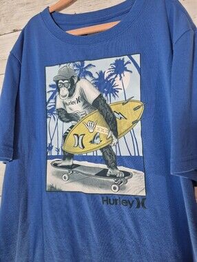 Boys XL (13-15) Hurley Blue Graphic Surf Skate Tee with Yellow Surfboard & Chimp